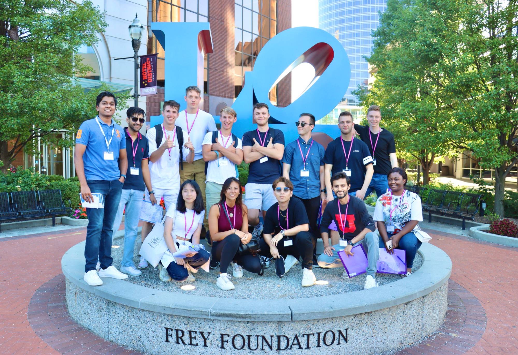GVSU international students in downtown Grand Rapids in front of the LOVE sign sponsored by the Frey Foundation